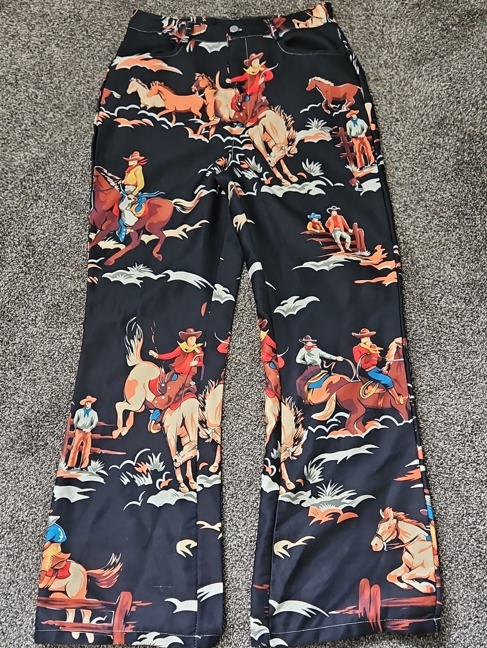 Cowboy Print Wide Leg Pants - Black with Tan & Rust